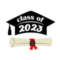 Vector illustration of Class of 2023 with graduation cap and diploma scroll