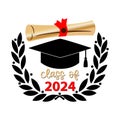 Vector illustration of Class of 2024 with graduation cap, diploma scroll and Laurel wreath