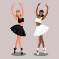 Vector illustration classical ballet. African American with a Caucasian white faceless ballerinas in black and white