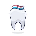 Vector illustration. Clean healthy human tooth with toothpaste. Symbol of somatology and oral hygiene.