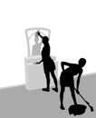 Vector illustration. Cleaning the room two young female silhouettes are doing wet cleaning. The girl wipes the mirror of the chest
