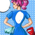 Vector vintage pop art illustration of cleaning woman