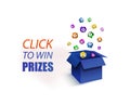 Vector Illustration, Click to Win Prizes, Blue Open Box and Lottery Balls Explosion.