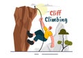 Vector Illustration of Cliff Climbing Featuring a Climber Ascending a Rock Wall or Mountain Cliffs of Extreme Sports