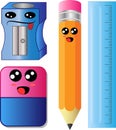Vector Cartoon Sharpener, pencil, eraser and ruler scale Royalty Free Stock Photo