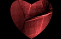 Chopped, broken pixel red heart on a black background. For Valentines Day.
