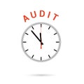 Vector illustration of clock icon. Red arrow points to word AUDIT. Conceptual icon