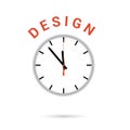 Vector illustration of clock icon. Red arrow points to word DESIGN. Conceptual icon