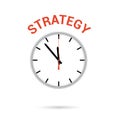 Vector illustration of clock icon. Red arrow points to word STRATEGY. Conceptual icon