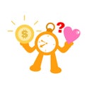 Vector illustration clock time confused about coin money dollar economy and love flat design cartoon style