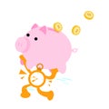 Vector illustration clock time and pig bank money dollar economy flat design cartoon style