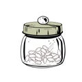 Vector illustration of closed glass container with solid lid and cocoa seeds inside. Black outline, graphic drawing in