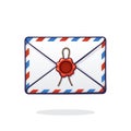 Vector illustration. Closed mail white envelope with red and blue stripes, red wax seal and rope. Not read incoming message. Royalty Free Stock Photo
