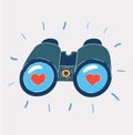 Vector illustration of Closeup binoculars, searching for something heart sign on lenses. Royalty Free Stock Photo