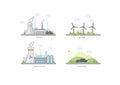 Vector illustration of coal, nuclear, solar & wind power plant. Royalty Free Stock Photo