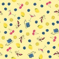 Vector illustration of the cocktail, lemon and berries, heels, and camera seamless pattern.