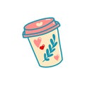 Vector illustration, coffee cup with hearts in doodle style, 80s style, Valentine's day Royalty Free Stock Photo