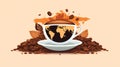 vector illustration of coffee cup with world map and coffee beans on beige background Royalty Free Stock Photo
