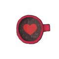 Vector illustration of a coffee mug top view with a heart centered in a freehand drawing style in color. Red mug of hot drink made