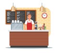 Vector illustration of coffee shop design with barista, flat style