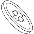Coin with clover emblem. Sketch. Side view. Four leaf clover brings good luck. Vector illustration. Outline on isolated background
