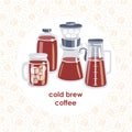 Vector illustration of a cold brew coffee. Set of tall pot, bottle, coffee making dripper and cup with iced drink.