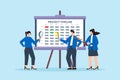 Vector illustration of colleagues analyzing project timeline on whiteboard deadline tracking and task prioritization