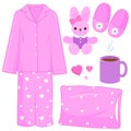 Pink children pajamas and sleep time objects. Child bed time collection. Vector illustration