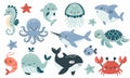 Vector illustration collection in children's Scandinavian style. Orca dolphin dolphin crab jellyfish octopus fish