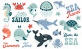 Vector illustration collection in children's Scandinavian style. Orca dolphin dolphin crab jellyfish octopus fish