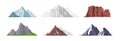 Vector illustration collection of different mountain icons in flat style. Rocks, mountains and hills set isolated on Royalty Free Stock Photo