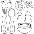 Baby food set. Spoon and fork for babies, tableware set with milk bottles. Vector black and white coloring page.