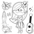 Hawaiian hula dancing girl with surfboard. Hula dancer at the island beach summer vacations. Vector black and white coloring page