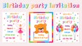 Vector illustration. Collection of invitation cards for children's birthday. Multicolored balloons, teddy bear