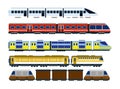 Vector illustration of collection of modern railway locomotives, set of passengers wagons and speed trains in flat