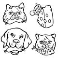 Vector illustration collection of outline hand drawn pets faces with food in their mouthes.