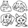 Vector illustration collection of outline pets faces with food in their mouthes. Royalty Free Stock Photo