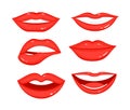 Vector Illustration collection of red lips with white teeth, different positions and emotions of women mouth on white