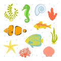 Vector illustration. Collection of silhouettes of seashells, seahorse, fish, algae and starfish in cartoon style.