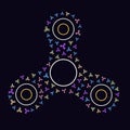 Vector illustration of color fidget spinner consists of many small objects. Creative concept of toy for stress relief on black ba