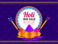 Vector illustration of color pots and water guns on purple background for Holi Big Sale. Royalty Free Stock Photo