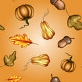 Vector illustration of a colored autumn seamless pattern of pumpkin vegetables, leaves, berries on the background Royalty Free Stock Photo