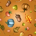 Vector illustration of a colored autumn seamless pattern of pumpkin vegetables, leaves, berries on the background Royalty Free Stock Photo