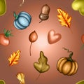 Vector illustration of a colored autumn seamless pattern of pumpkin vegetables, leaves, berries on the background Royalty Free Stock Photo