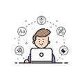 Vector illustration of colored icon in flat line style. Linear cute and happy man with laptop.