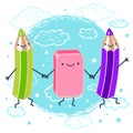 Vector illustration colored pencils, holding the handle of the eraser and smiling Royalty Free Stock Photo