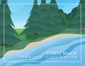 Colorful cartoon landscape of forest beach and lake. Modern template design with text and nature on background Royalty Free Stock Photo