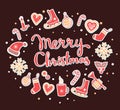 Vector illustration of colorful christmas wreath with red, yellow elements and handwritten text merry christmas on brown Royalty Free Stock Photo