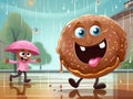 vector illustration of colorful donut walking on rain