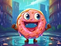 vector illustration of colorful donut walking on rain